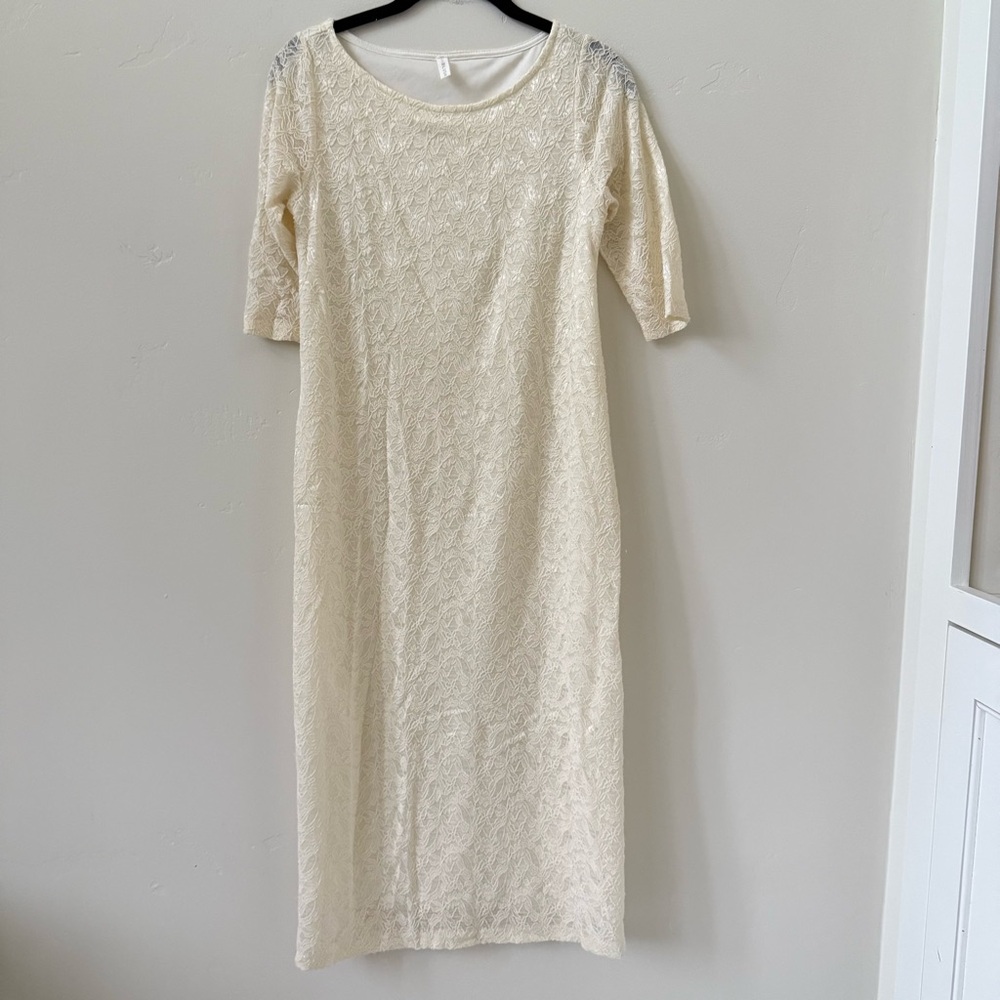 Pinkblush Maternity Cream Elbow Sleeve Lace Overlay Midi Dress